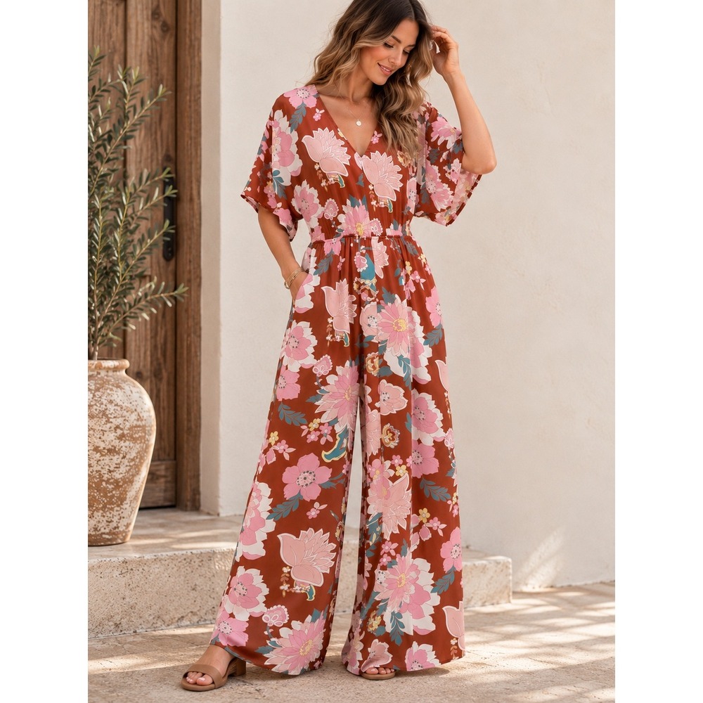 Mittoshop Floral Wide Leg Jumpsuit Size M Brown Pink Boho 70s Kimono Sleeve